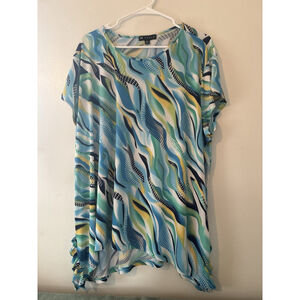 N Touch Women's Tunic Blouse 3X Multicolor Abstract Print Short Sleeve Blue